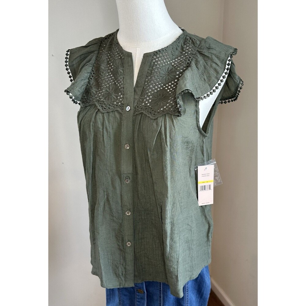 Nanette Lepore Short Sleeve Green Top Feminine Lightweight Boho Shirt M NEW